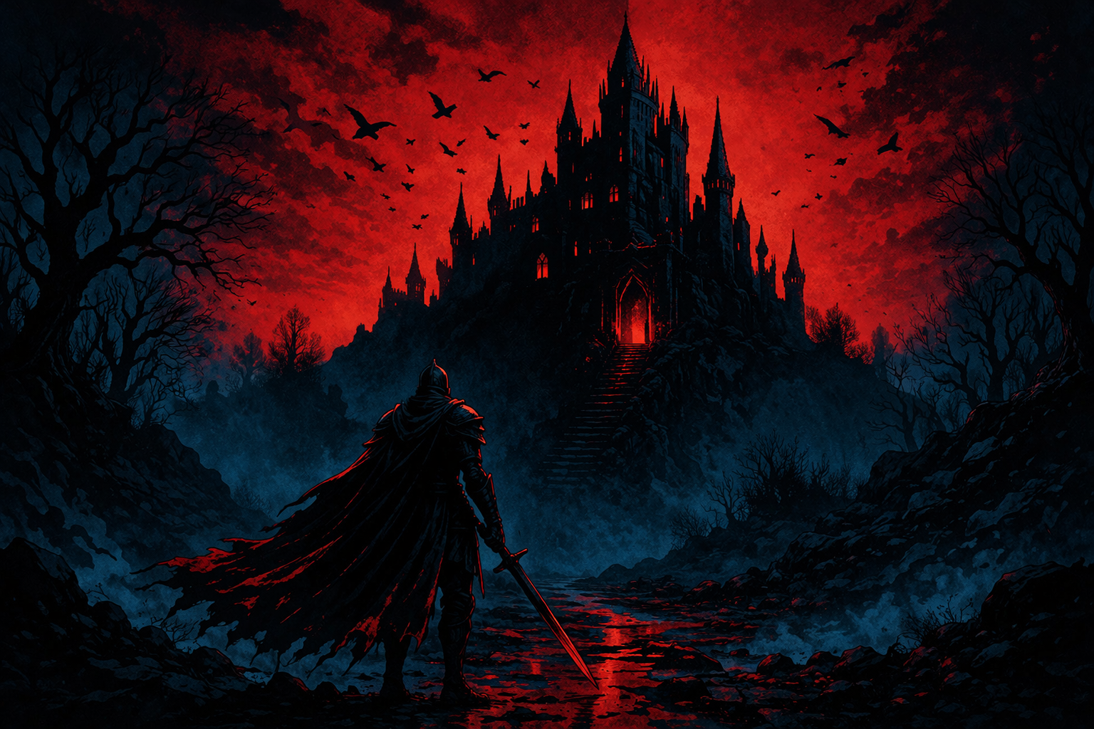 The Black Gate rising over the road to the dungeon.